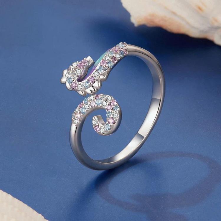 Adjustable seahorse opening ring, silver tone with purple and blue oval gemstone inlay