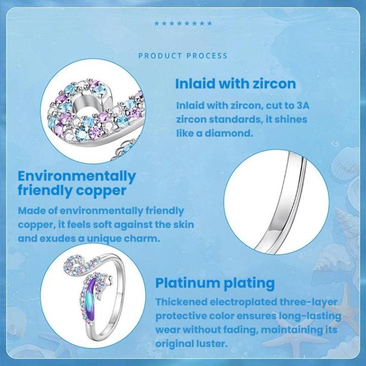 Zircon-inlaid seahorse opening ring infographic inset, showing copper base and platinum plating