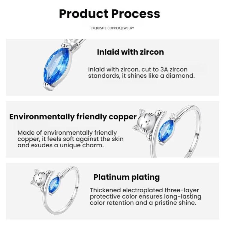 Open cat ring shown with zircon inlay and platinum-tone plating info on card
