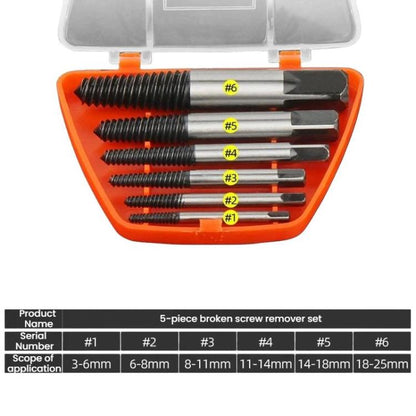 Broken screw extractor set, numbered coarse-thread bits in orange storage case.