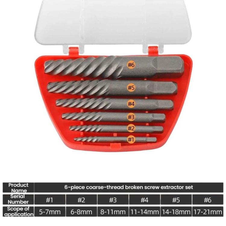 Broken screw extractor set, 6 coarse-thread extractor bits in red-orange case.