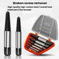 Broken screw extractor set with metal extractor tools and orange case.