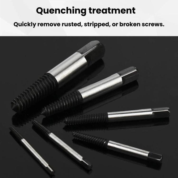 Broken screw extractor set, metal shanks with black threaded sections.
