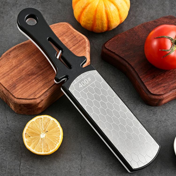Double-sided knife sharpener stone with gray honeycomb grit surface and black handle