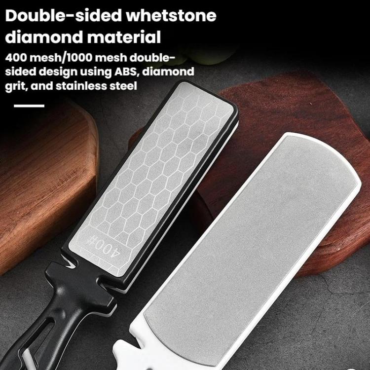 Double-sided knife sharpener stone with gray honeycomb side and smooth silver side