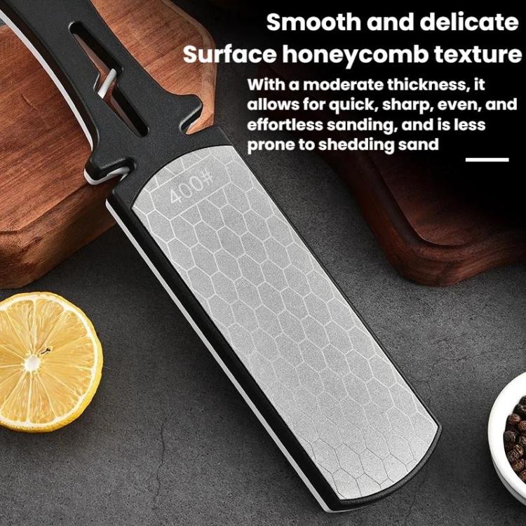 Gray honeycomb-textured sharpening stone strip on a black knife sharpener handle