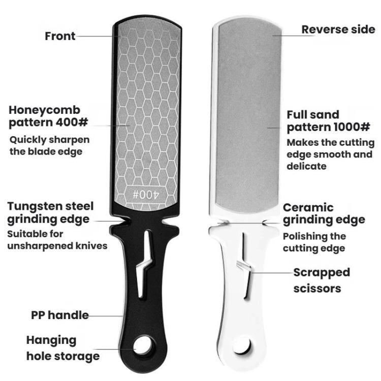 Double-sided knife sharpener stone with black honeycomb grit side and light smooth side