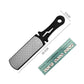 Compact double-sided knife sharpener stone with black handle and included guide card