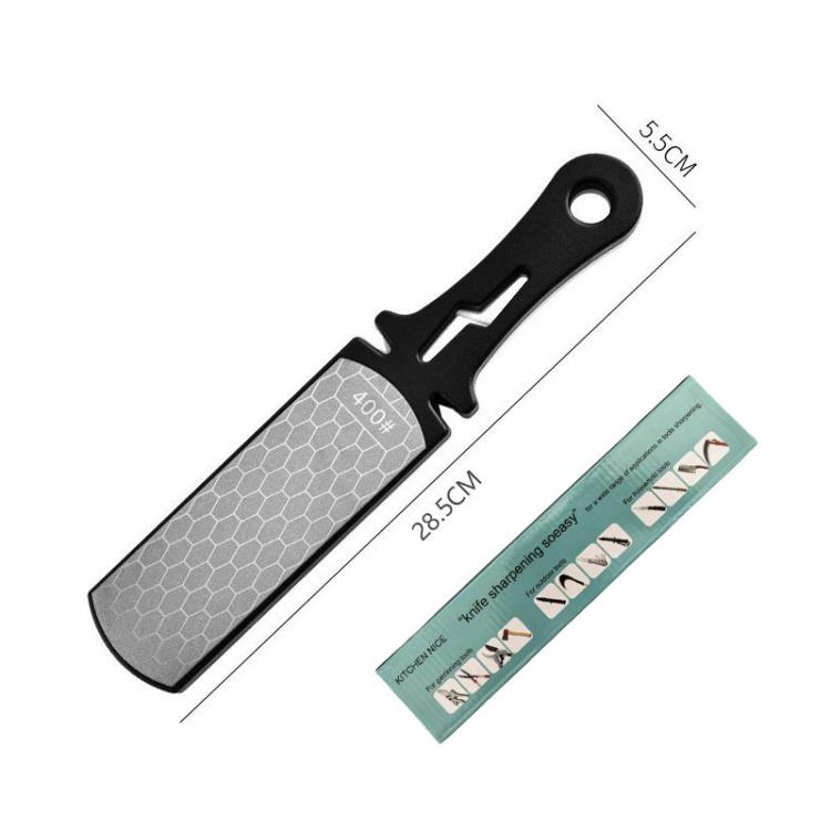 Compact double-sided knife sharpener stone with black handle and included guide card