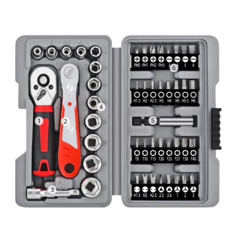 1/4 inch socket wrench tool set with screwdriver bits in open gray case, red handles