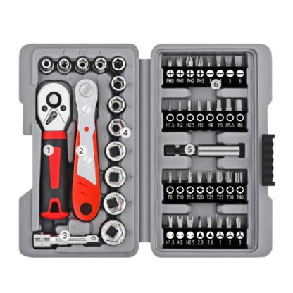 1/4 inch socket wrench tool set with screwdriver bits in open gray case, red handles