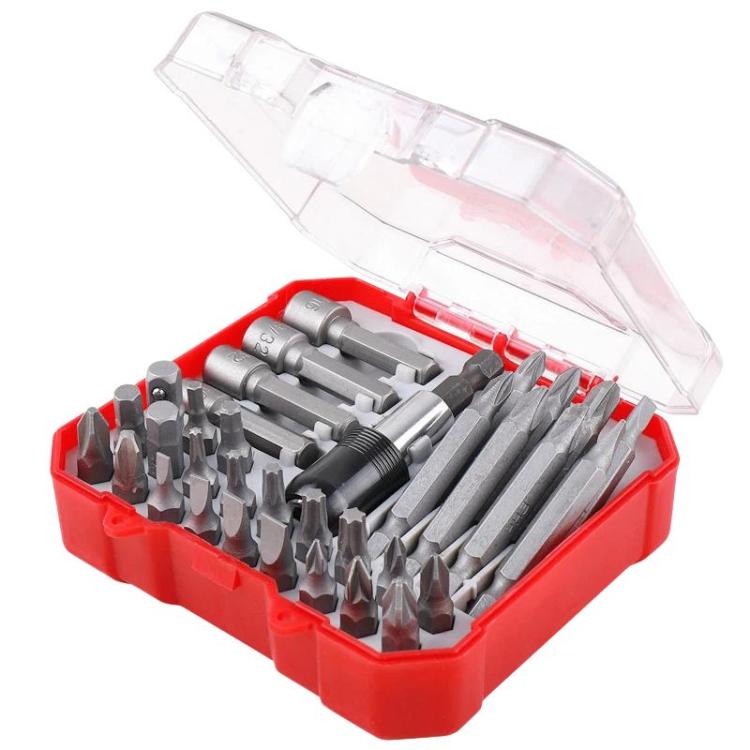 34-in-1 screwdriver and socket bit set with red case and assorted metal bits