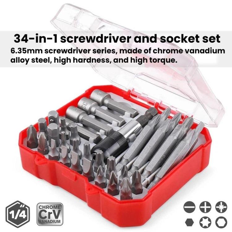 34-in-1 screwdriver and socket bit set in red case with clear lid and multiple bits