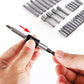 Screwdriver bit adapter held by hands, with assorted socket and hex bits nearby
