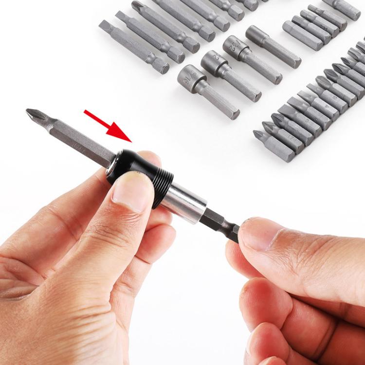 Screwdriver bit adapter held by hands, with assorted socket and hex bits nearby