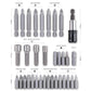 Assorted screwdriver and socket bits set shown by size and shape chart