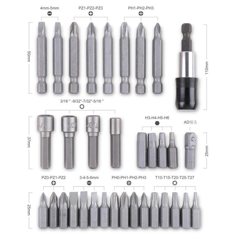Assorted screwdriver and socket bits set shown by size and shape chart