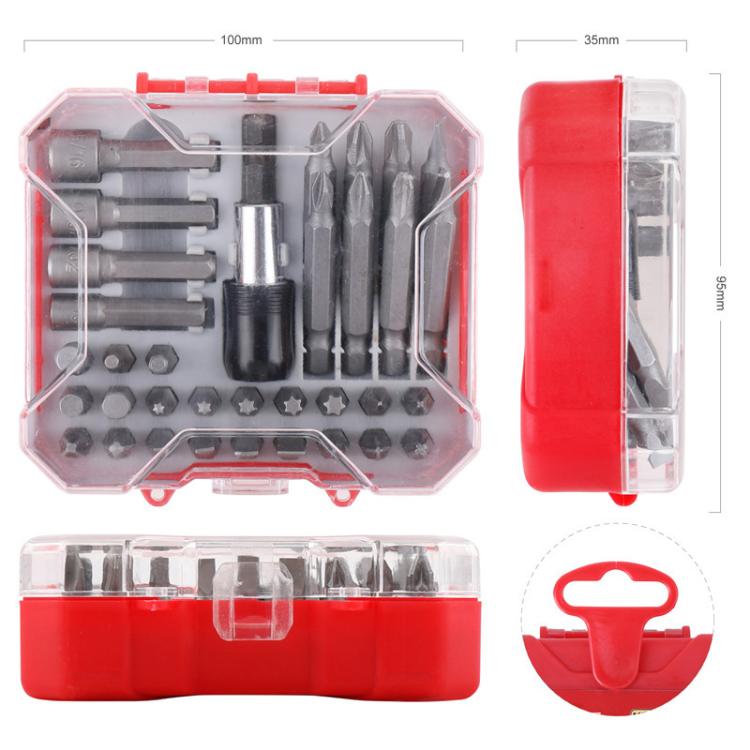 Compact 34-in-1 bit kit in red tray with clear cover, featuring multiple metal bits