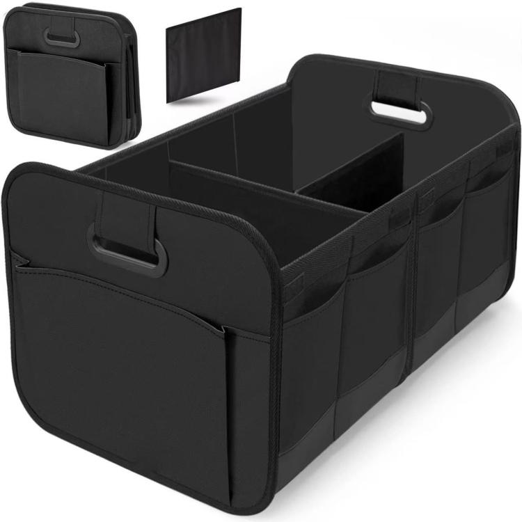 Foldable black storage box with carry handle and side compartments
