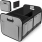 Foldable gray storage box with carry handle and side storage pockets