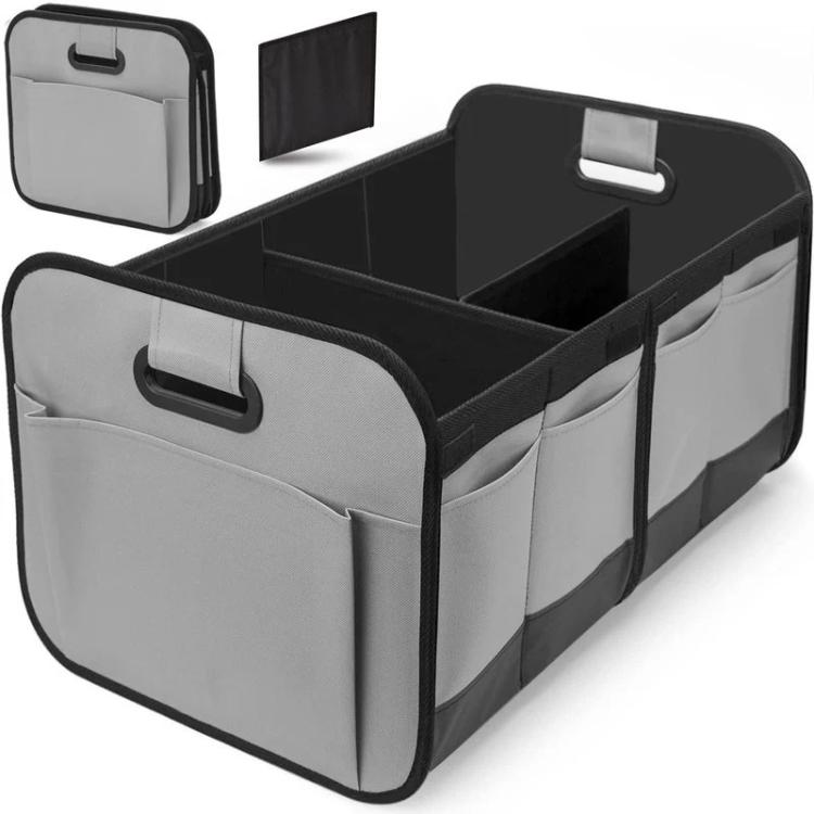 Foldable gray storage box with carry handle and side storage pockets