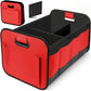 Foldable red storage box with carry handle and side storage pockets