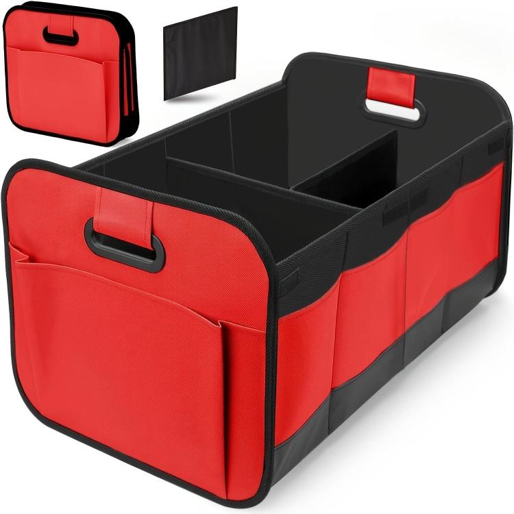 Foldable red storage box with carry handle and side storage pockets