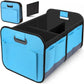 Foldable blue storage box with carry handle and side storage pockets