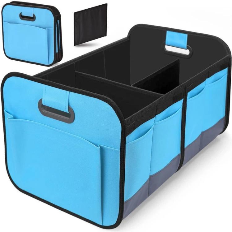 Foldable blue storage box with carry handle and side storage pockets