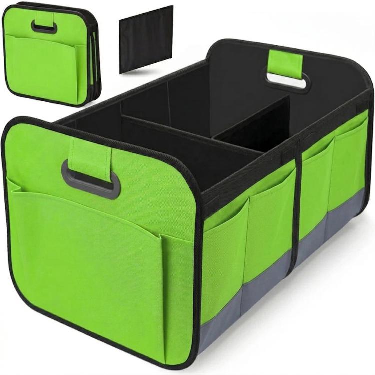 Foldable green storage box with carry handle and side storage pockets