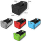 Foldable black storage box with carry handle, side pockets, and inner divider