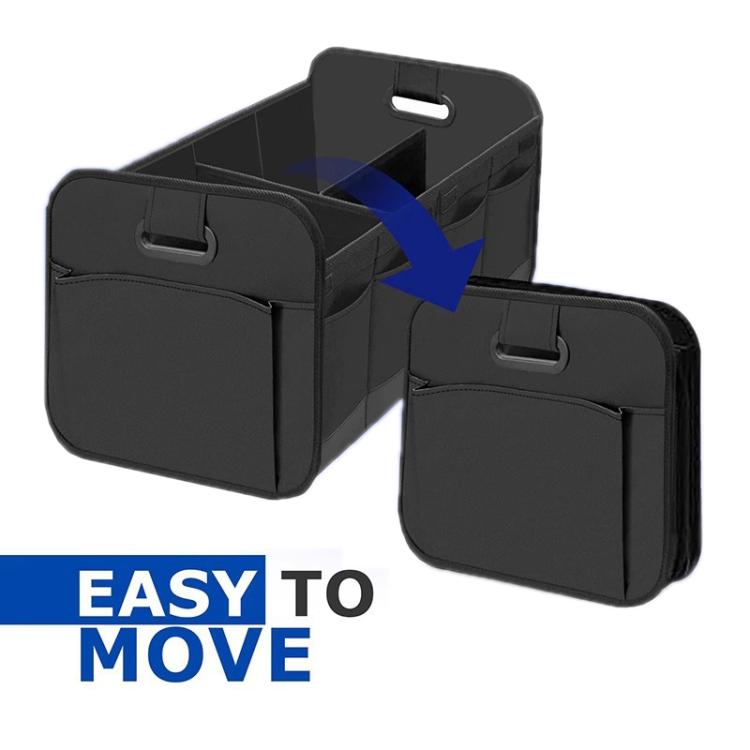 Pair of foldable black storage boxes with carry handles and side storage pockets