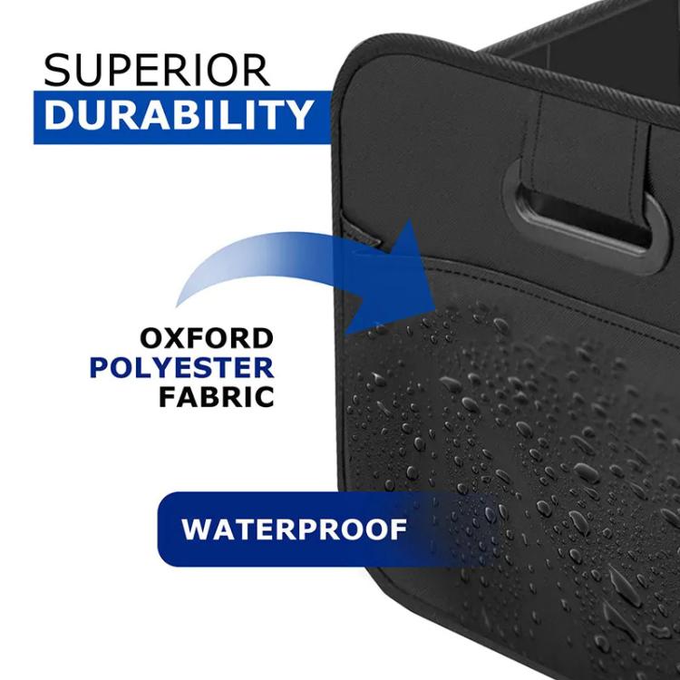Black foldable storage box with handle and water-repellent fabric with droplets