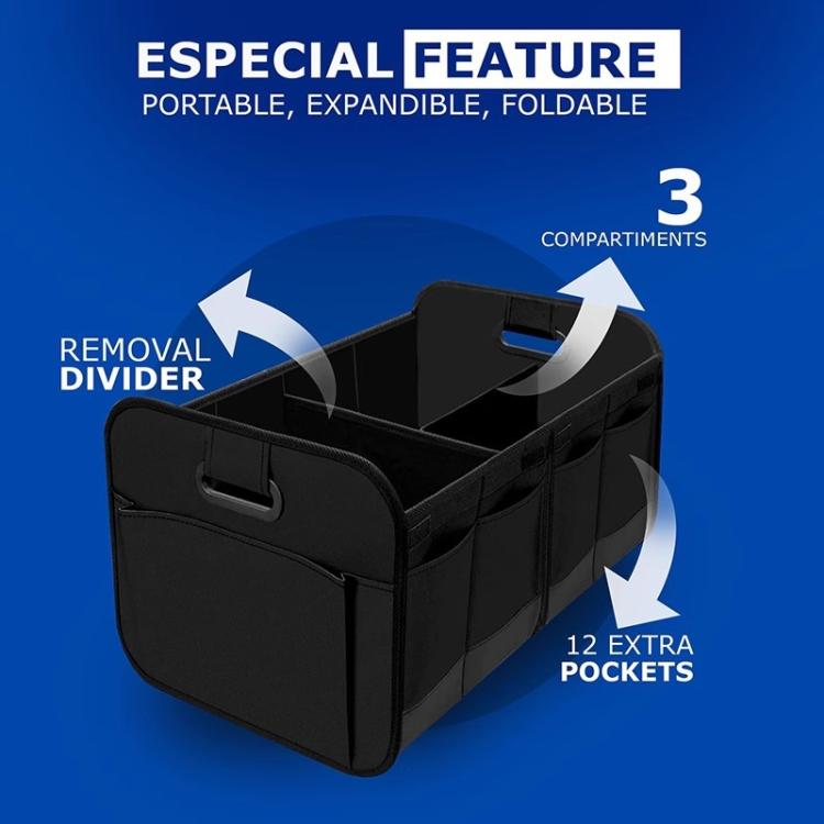 Black foldable storage box with removable divider and multiple compartments with pockets