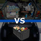 Foldable black trunk storage box with carry handle and side pockets in a car