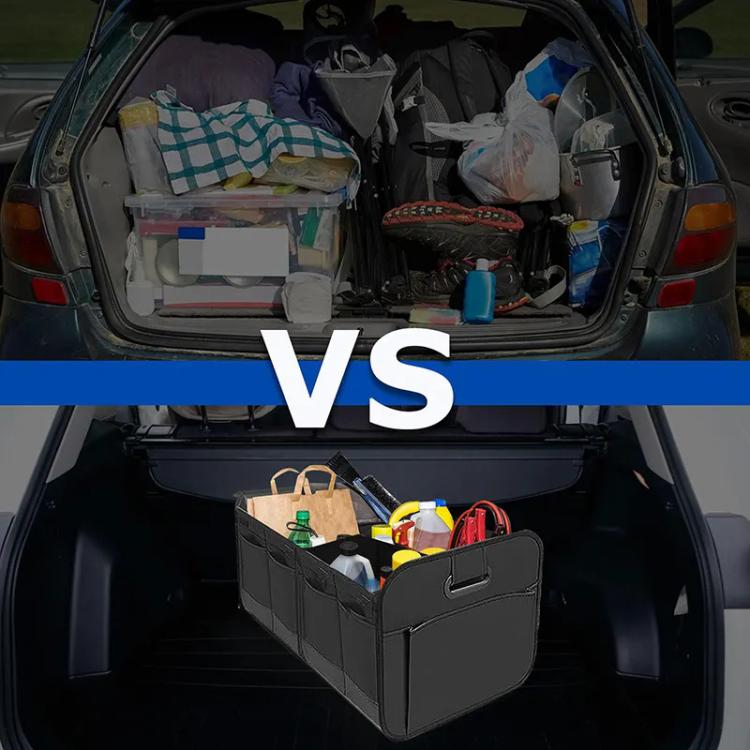 Foldable black trunk storage box with carry handle and side pockets in a car