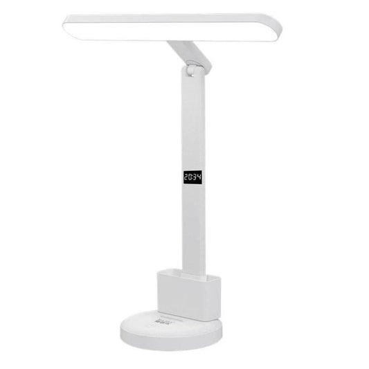 White LED desk lamp with slim light bar and digital time display