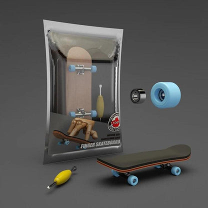 Finger skateboard toy with light blue wheels and wooden deck, shown in retail box