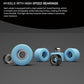 Finger skateboard toy with light blue wheels and metal bearings, 4-wheel view