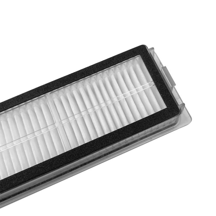 Close-up of pleated white HEPA filter media in a black frame