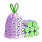 Lavender drawstring trash bag with butterflies pattern; roll of green bags