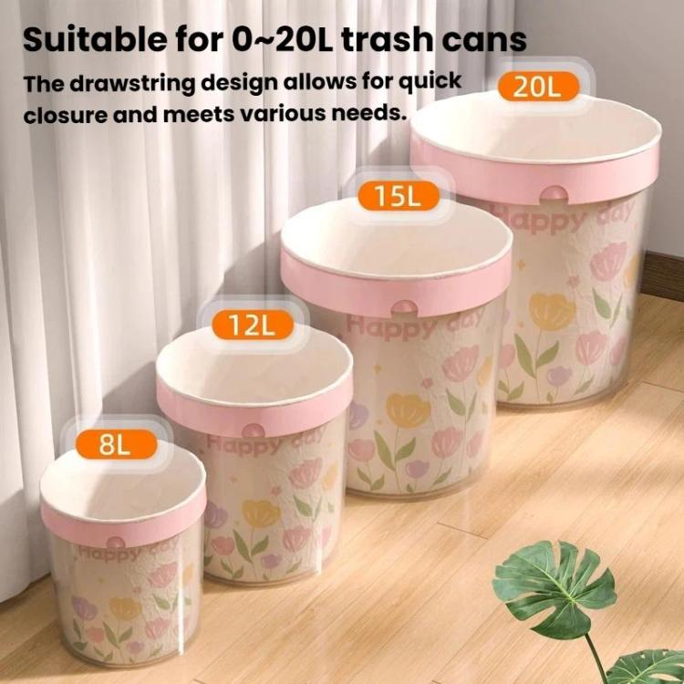 Assorted floral-pattern trash bag roll sizes with drawstring tops