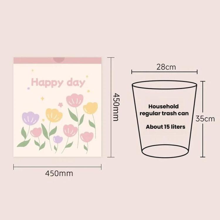Printed trash bag size diagram showing bag dimensions and capacity estimate