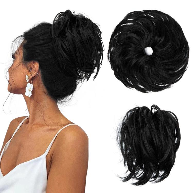 Faux bun updo wig with loose curls, black hair bun.