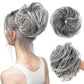 Faux bun updo wig with loose curls, gray wavy bun style.