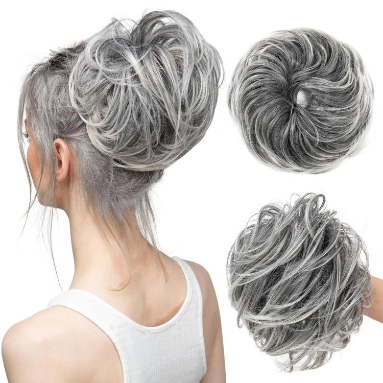 Faux bun updo wig with loose curls, gray wavy bun style.