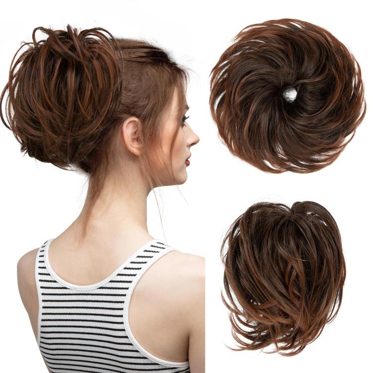 Faux bun updo wig with loose curls, dark brown wavy bun.