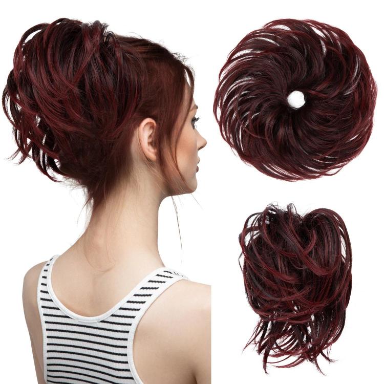 Faux bun updo wig with loose curls, deep burgundy wavy bun.
