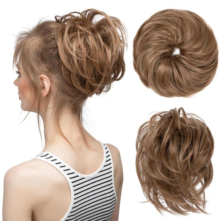 Faux bun updo wig with loose curls, light brown tousled bun.