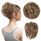 Faux bun updo wig with loose curls, golden brown wavy bun.